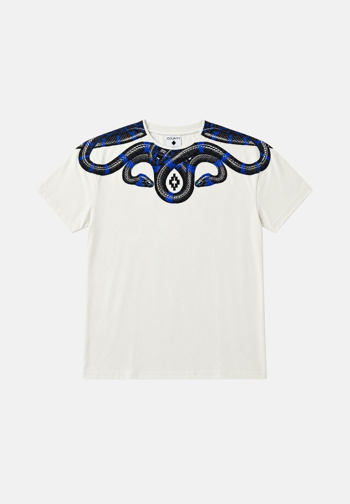 MARCELO BURLON T-shirt manica corta bianca per uomo con girocollo e iconica stampa grafica ad ali di serpente blu sulle spalle. F6CMMATH090 412 MARCELO BURLON COUNTY OF MILAN 