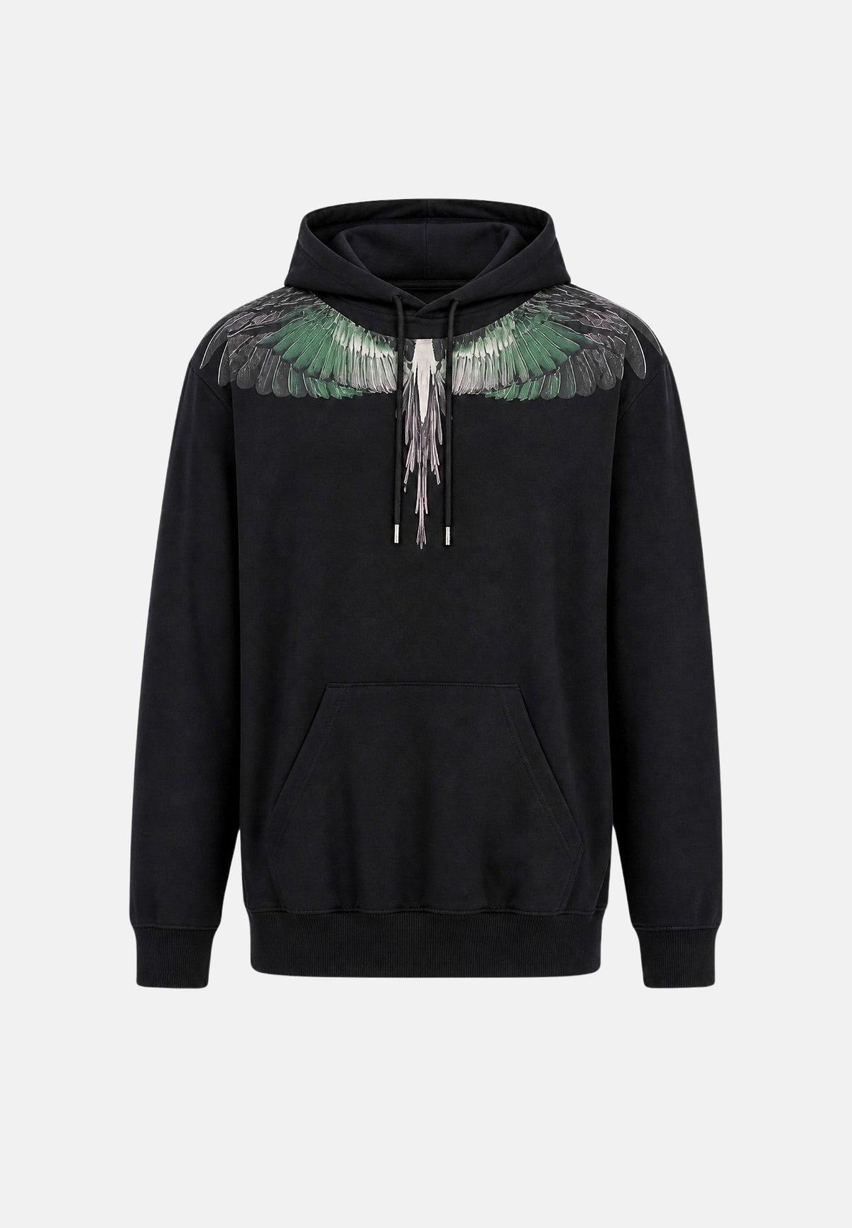 MARCELO BURLON COUNTY OF MILAN Felpa con cappuccio nera per uomo con iconica stampa Wings verde sulle spalle. F6CMMAHS048 110 MARCELO BURLON COUNTY OF MILAN 