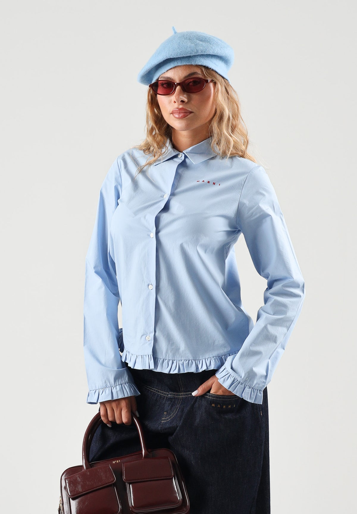 MARNI Camicia manica lunga powder celeste per donna, ragazzi e bambini con colletto classico e bottoni frontali a contrasto. M01948M00UW 0M863 MARNI 