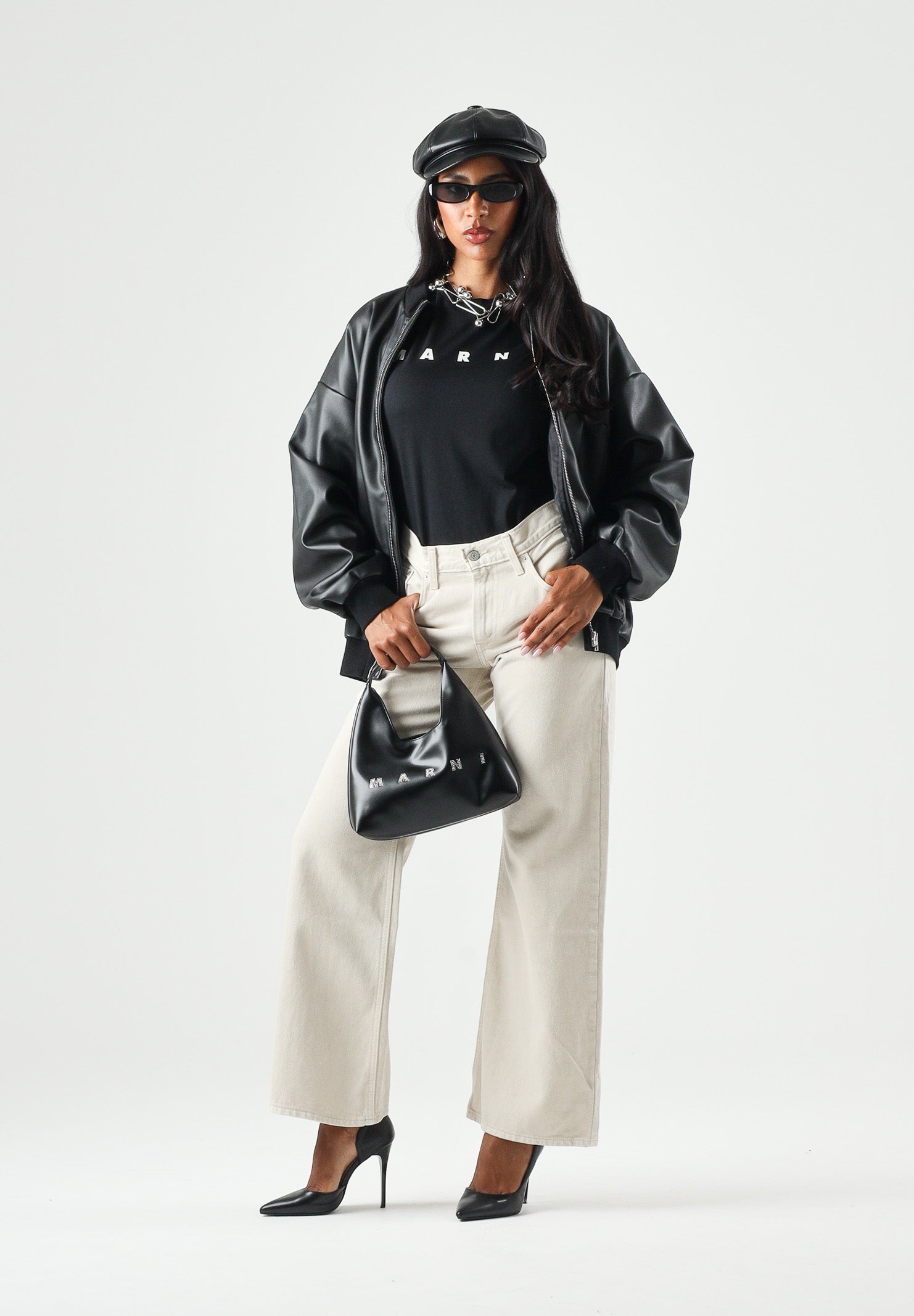 MARNI Bomber effetto pelle nero per donna, ragazzi e bambini con chiusura zip, profili a costine e logo M01977M00W2 0M900 MARNI 