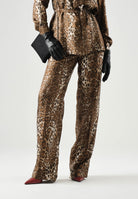 MAX MARA Pantaloni MSTROMAN in seta marrone-beige, da donna con motivo di collezione all over.<BR/> 2626136071600 001 MAX MARA 