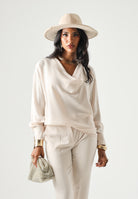 MAX MARA STUDIO Blusa MSTOTTIMO beige chiaro da donna con scollo drappeggiato a cascata.<BR/> 2626196015600 082 MAX MARA 