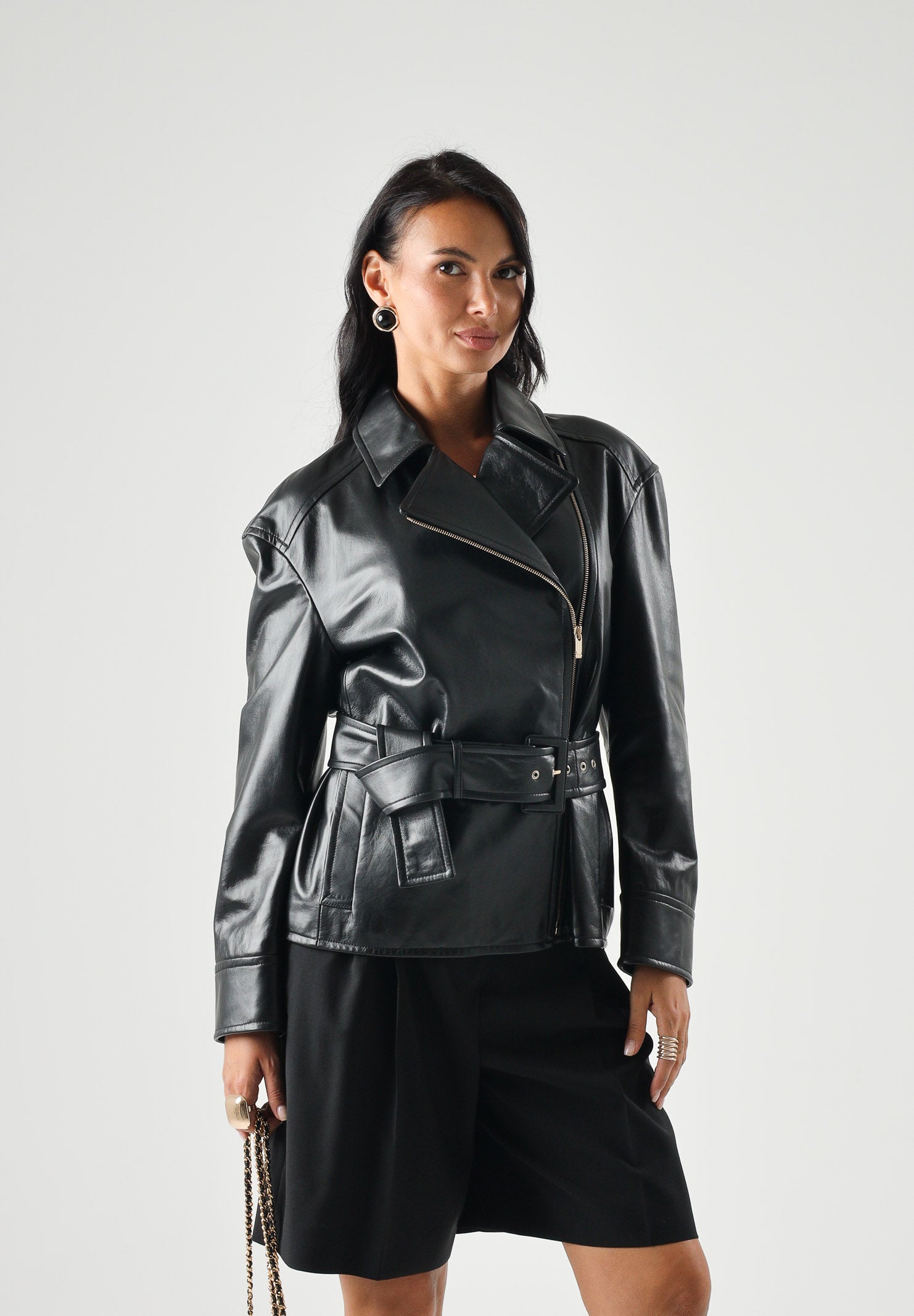 MAX MARA Giubbotto MSTGIUSTO biker in pelle nera  da donna con cinturino 2626446011600 004 MAX MARA 