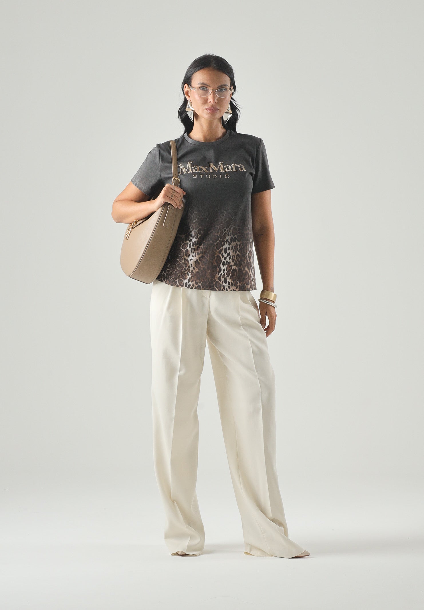 MAX MARA STUDIO T-shirt girocollo nera-marrone da donna con motivo leopardato sfumato sul fondo 2626976011600 005 MAX MARA 