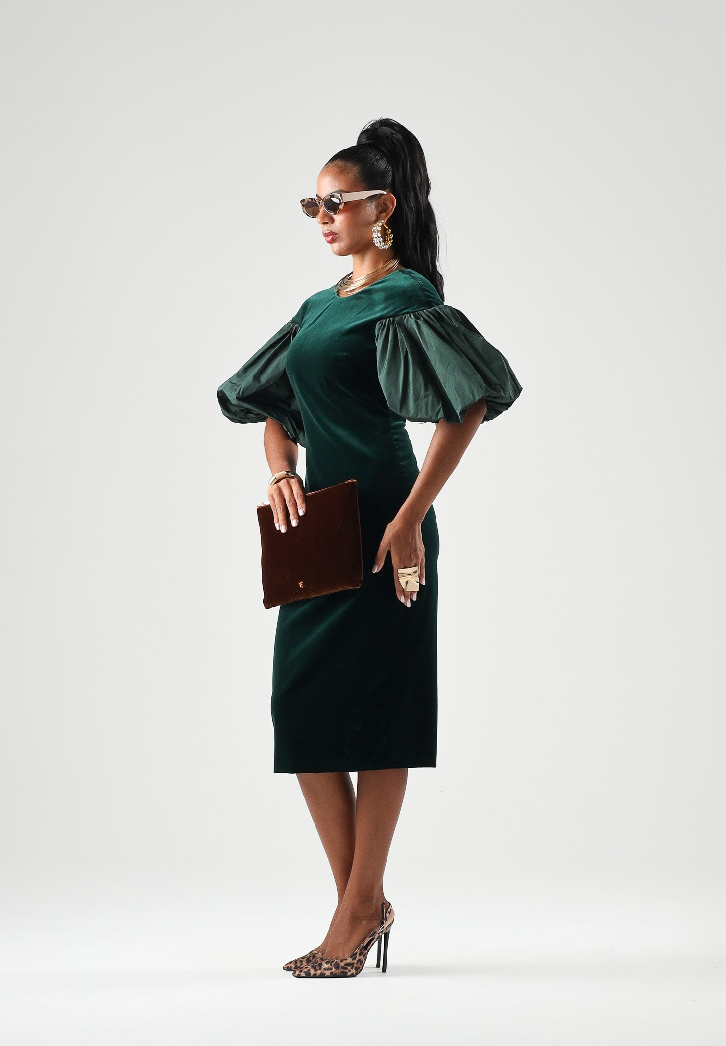 MAX MARA STUDIO Abito midi MSETROPICO verde smeraldo per donna con corpetto in velluto e maniche balloon semitrasparenti. 2626226014600 021 MAX MARA STUDIO 
