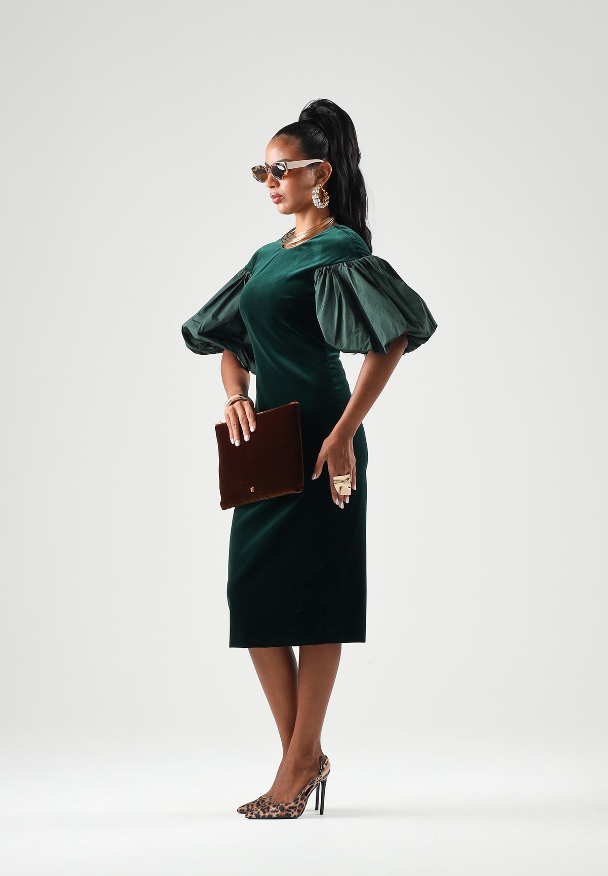 MAX MARA STUDIO Abito midi MSETROPICO verde smeraldo per donna con corpetto in velluto e maniche balloon semitrasparenti. 2626226014600 021 MAX MARA STUDIO 