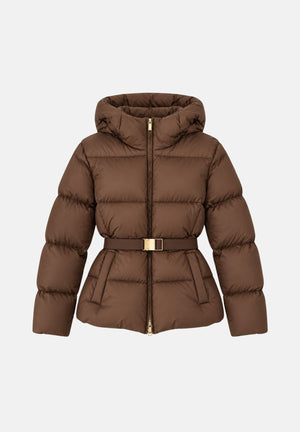 MAX MARA STUDIO Piumino MSTLANA  marrone cuoio per donna con cappuccio avvolgente e cintura elastica in vita impreziosita 2626486022600 003 MAX MARA STUDIO 