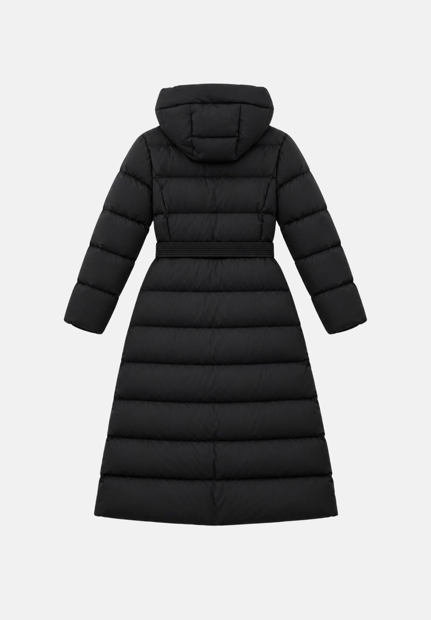 MAX MARA STUDIO Piumino CANNETI nero per donna con cappuccio, cintura coordinata e imbottitura in piuma. 2626496012600 005 MAX MARA STUDIO 