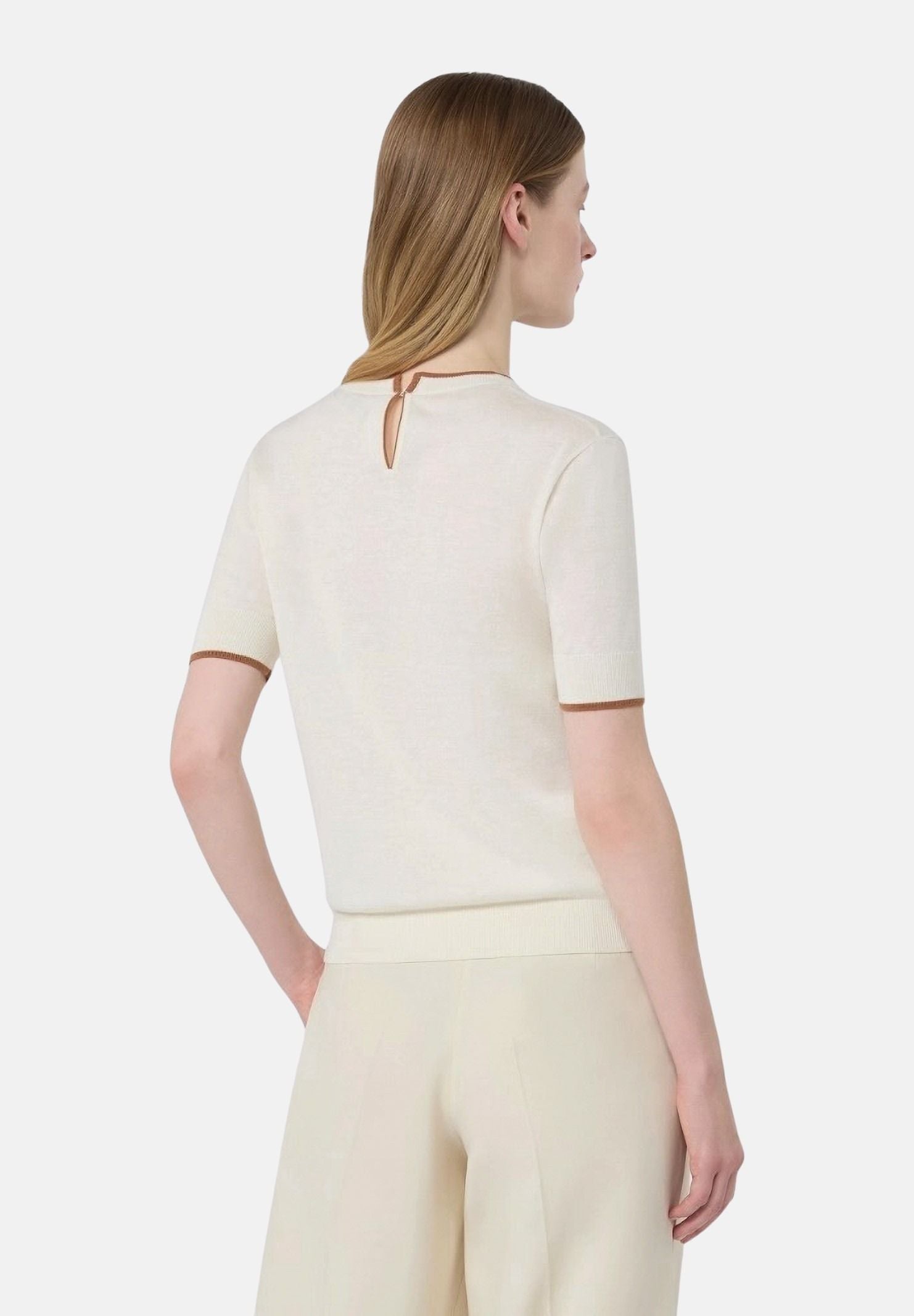 MAX MARA Maglia MSTAGENDA maniche corte in filato di lana bianco da donna con profilo intarsiato a contrasto. 2626366081600 012 MAX MARA 