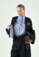 N°21 Cardigan LAYERED black azzurro per donna, ragazzi e bambini con logo patch frontale e fondo effetto sovrapposto a righe.<BR/> N210FGN0516 0N900 N21 