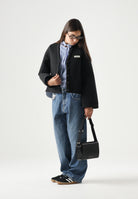 N°21 Cardigan LAYERED black azzurro per donna, ragazzi e bambini con logo patch frontale e fondo effetto sovrapposto a righe.<BR/> N210FGN0516 0N900 N21 