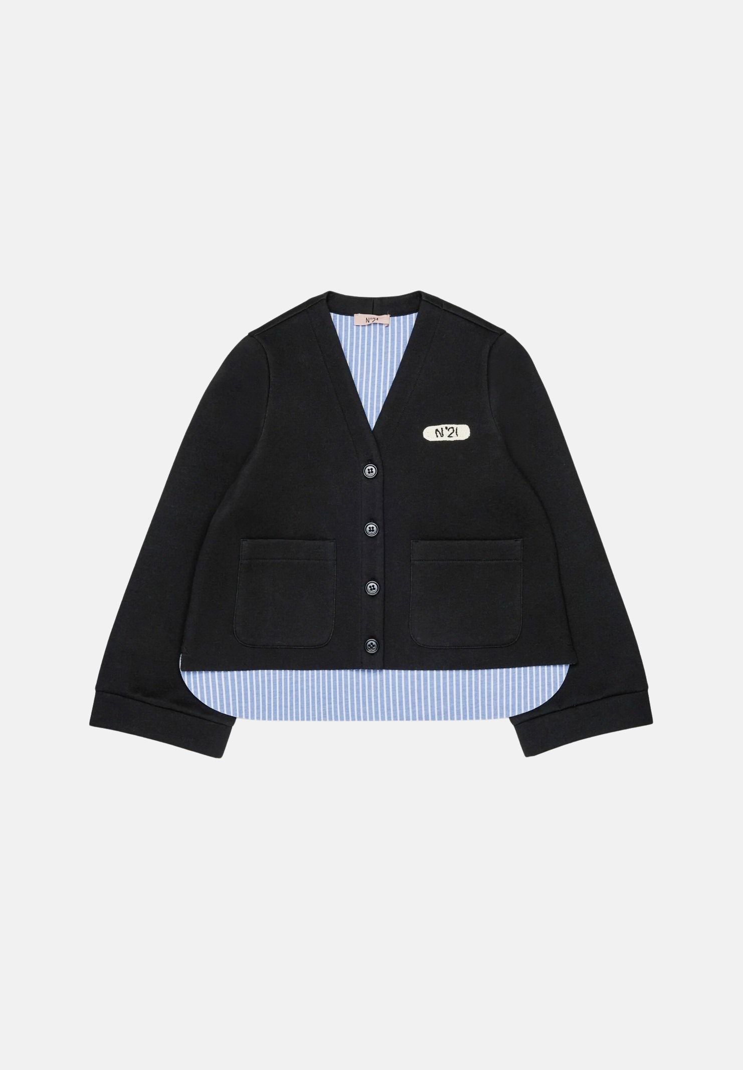 N°21 Cardigan LAYERED black azzurro per donna, ragazzi e bambini con logo patch frontale e fondo effetto sovrapposto a righe.<BR/> N210FGN0516 0N900 N21 