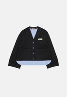 N°21 Cardigan LAYERED black azzurro per donna, ragazzi e bambini con logo patch frontale e fondo effetto sovrapposto a righe.<BR/> N210FGN0516 0N900 N21 