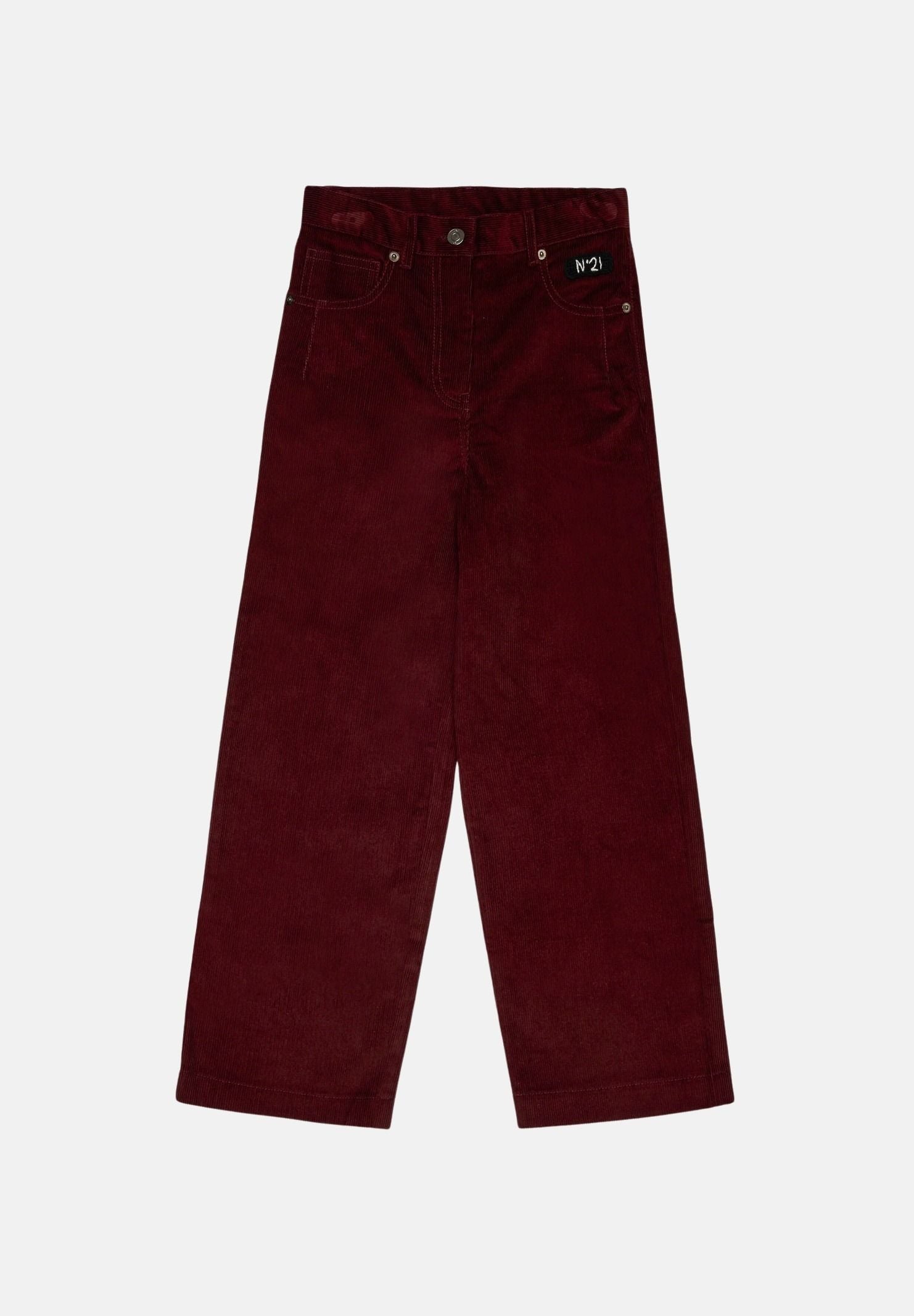 N°21 Pantaloni CORDUROY Borgogne-bordeaux, per donna, ragazzi e bambini con logo patch frontale e gamba dritta. N210FUN0517 0N413 N21 