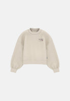 NEW BALANCE Felpa girocollo TRACKSIDE FLEECE CREW beige mélange  da donna con mini logo laterale WT62T7JOLIT . NEW BALANCE 