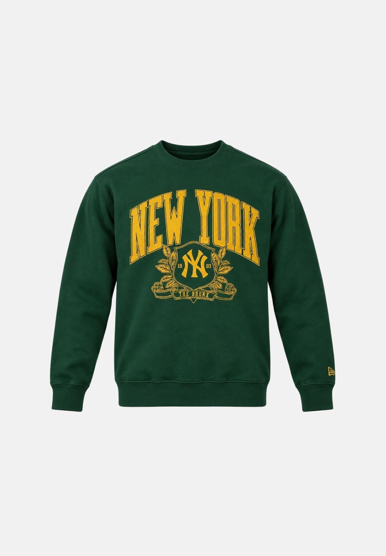 NEW ERA felpa girocollo MLB ARCH NEW YORK YANKEES verde bosco da uomo e donna, con grafica gialla, maniche lunghe e bordi a costine. 60897370 . NEW ERA 