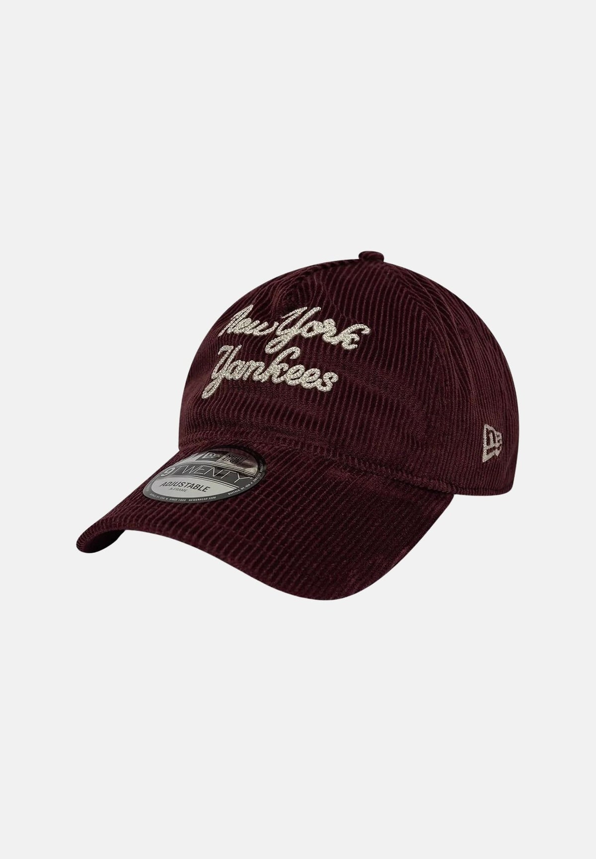 NEW ERA Cappellino 9TWENTY A-FRAME MLB CORD SCRIPT bordeaux da uomo e donna, in velluto a coste, con visiera curva e ricamo.<BR/> 60960251 . NEW ERA 