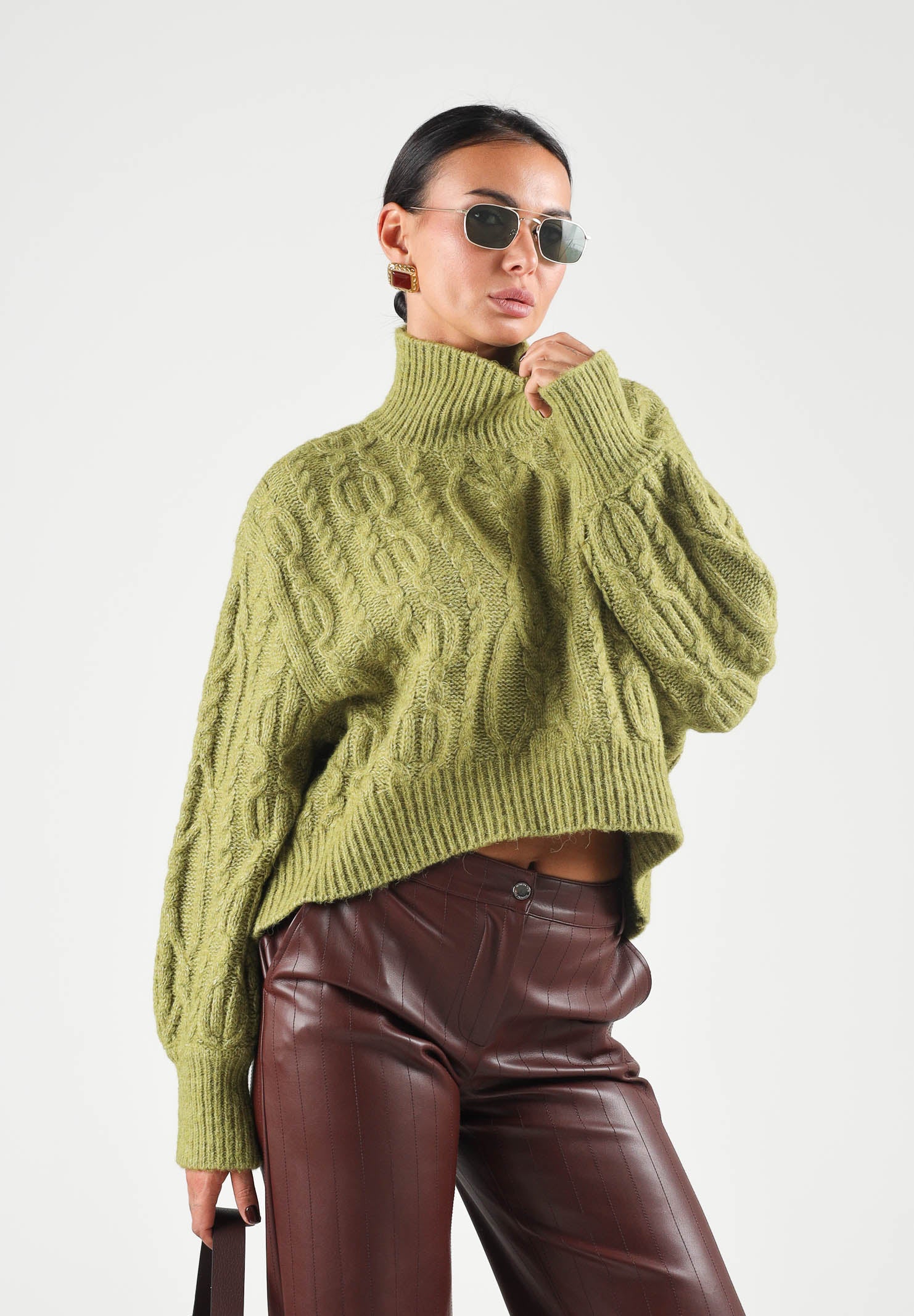 ONLY Maglione collo alto ONLHILDE LS SHORT CABLE KNT verde oliva mélange da donna 15375336 CASE ONLY 