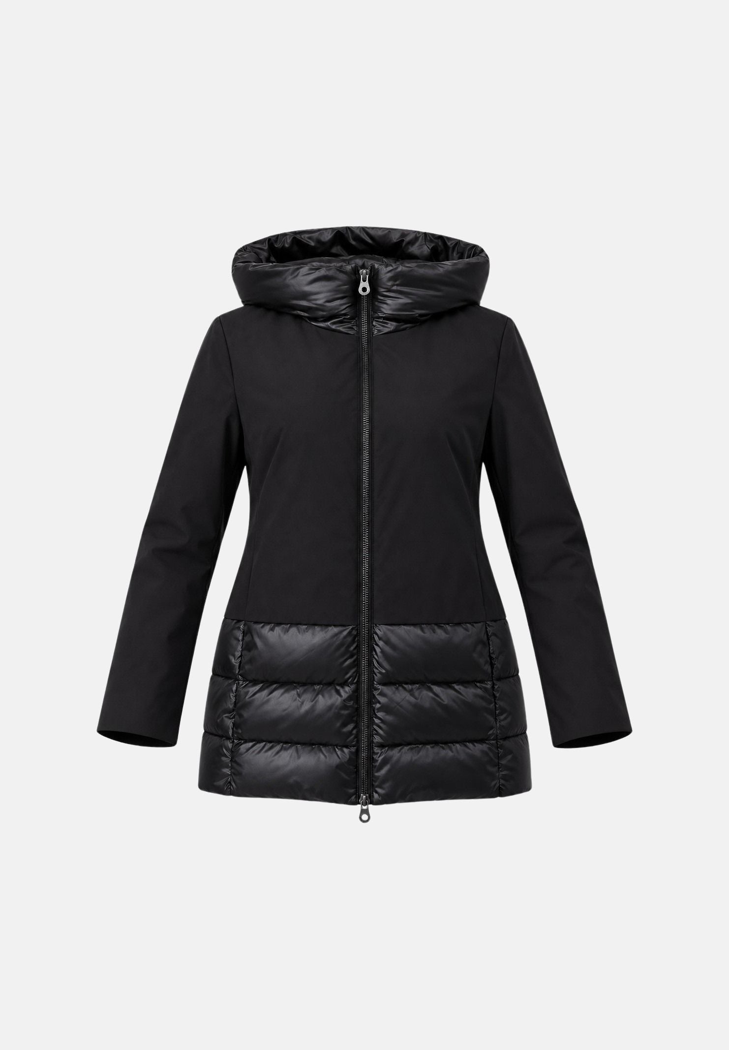 ONLY Giubbotto BRIELLE Black nero da donna con cappuccio, zip frontale integrale, struttura combinata con pannelli lisci e trapuntati, tasche laterali e lunghezza ai fianchi. 15376848 BL ONLY 