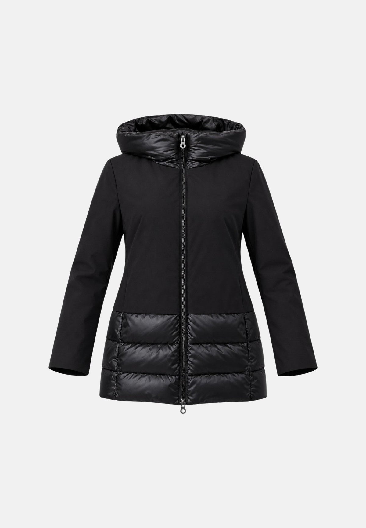 ONLY Giubbotto BRIELLE Black nero da donna con cappuccio, zip frontale integrale, struttura combinata con pannelli lisci e trapuntati, tasche laterali e lunghezza ai fianchi. 15376848 BL ONLY 
