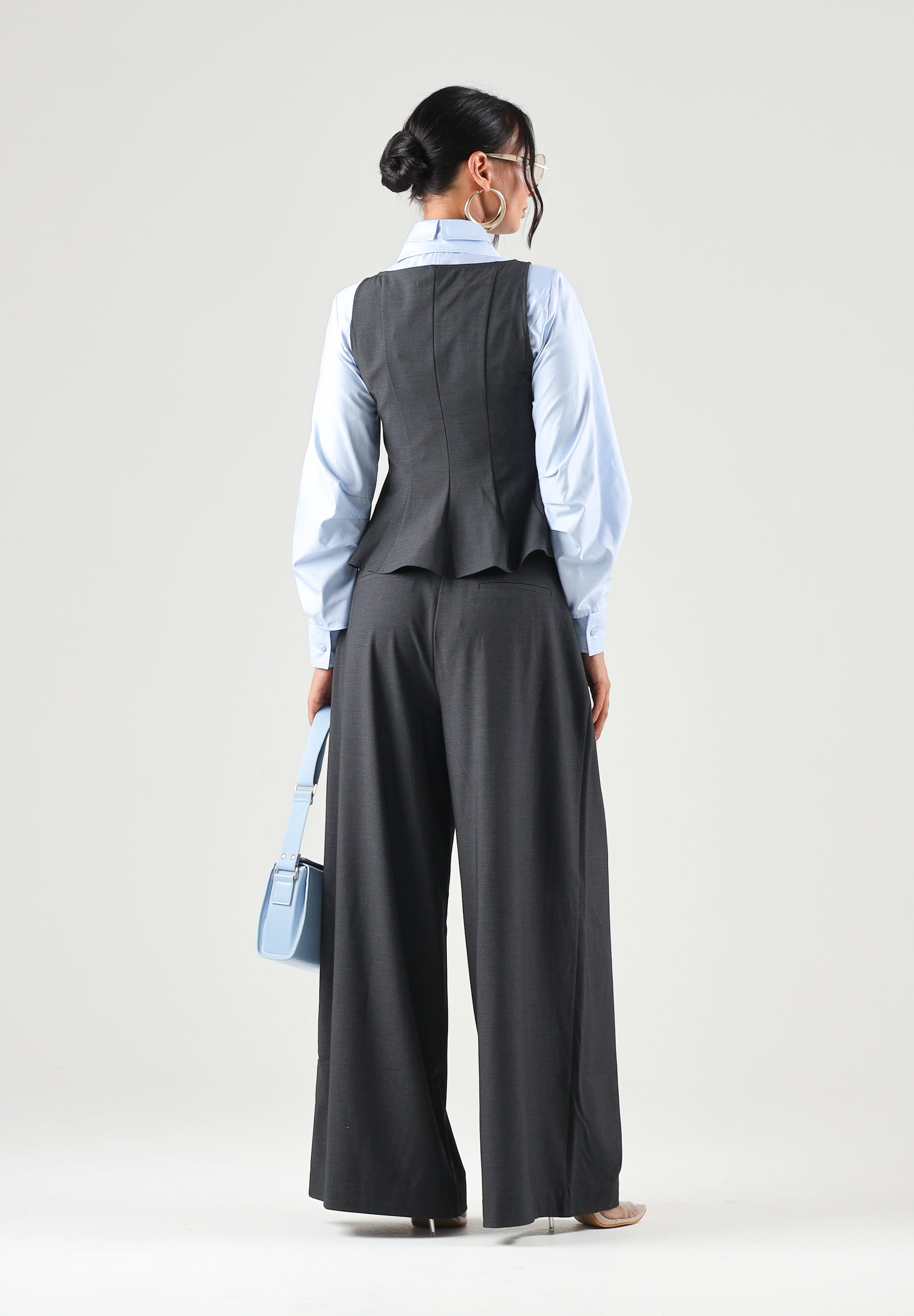 ONLY Pantalone ampio dark melang-grigio scuro per donna in tessuto fluido con elastico in vita. 15378692 DAGR ONLY 