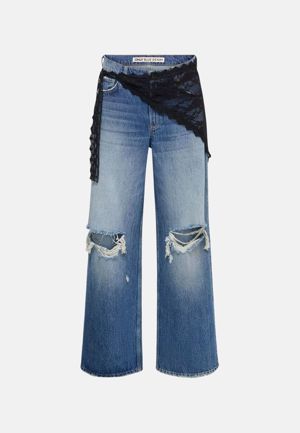 ONLY Jeans ONLBELLE blu denim medio da donna con inserto in pizzo asimmetrico e strappi decorativi 15381848 MEBL ONLY 