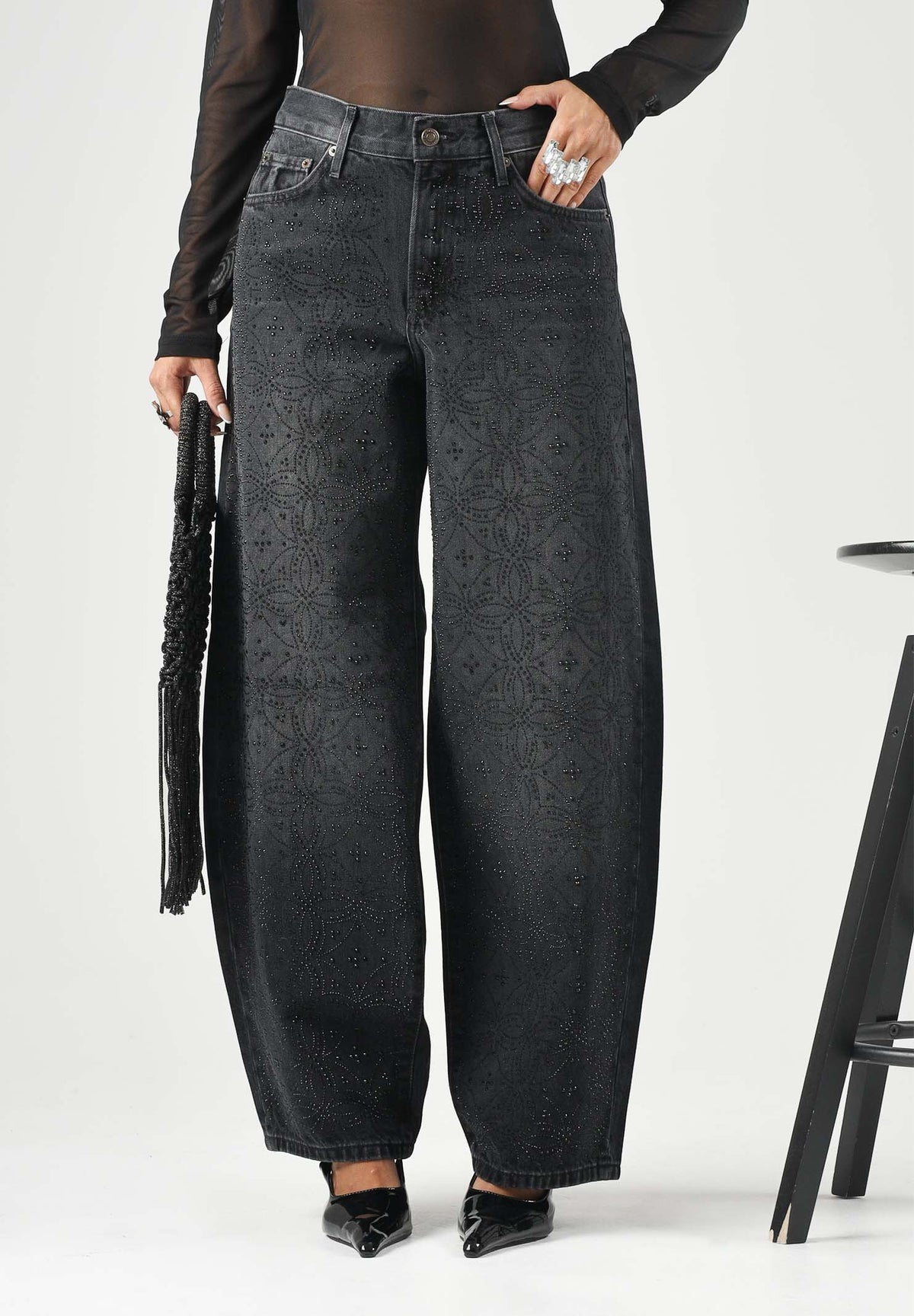 ONLY Jeans nero RHIN con strass da donna con gamba ampia 15383018 WA ONLY 