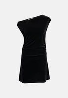 ONLY Abito corto RUE VELVET Black nero da donna in morbido velluto elasticizzato, con scollo asimmetrico monospalla, spalle scoperte, drappeggio laterale in vita, linea aderente e gonna corta leggermente svasata. 15383726 BL ONLY 