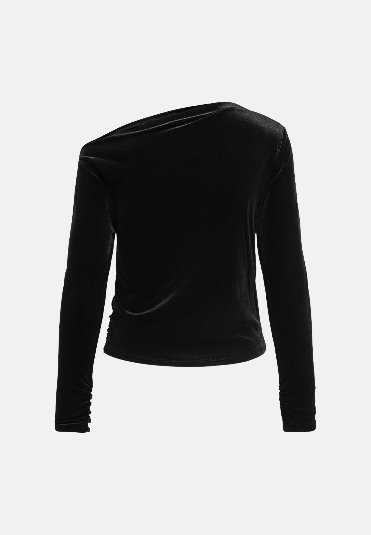 ONLY Top elegante ONLRUE Black nero da donna, in morbido velluto elasticizzato, con scollatura asimmetrica monospalla, maniche lunghe e drappeggio sul busto. 15383727 BL ONLY 
