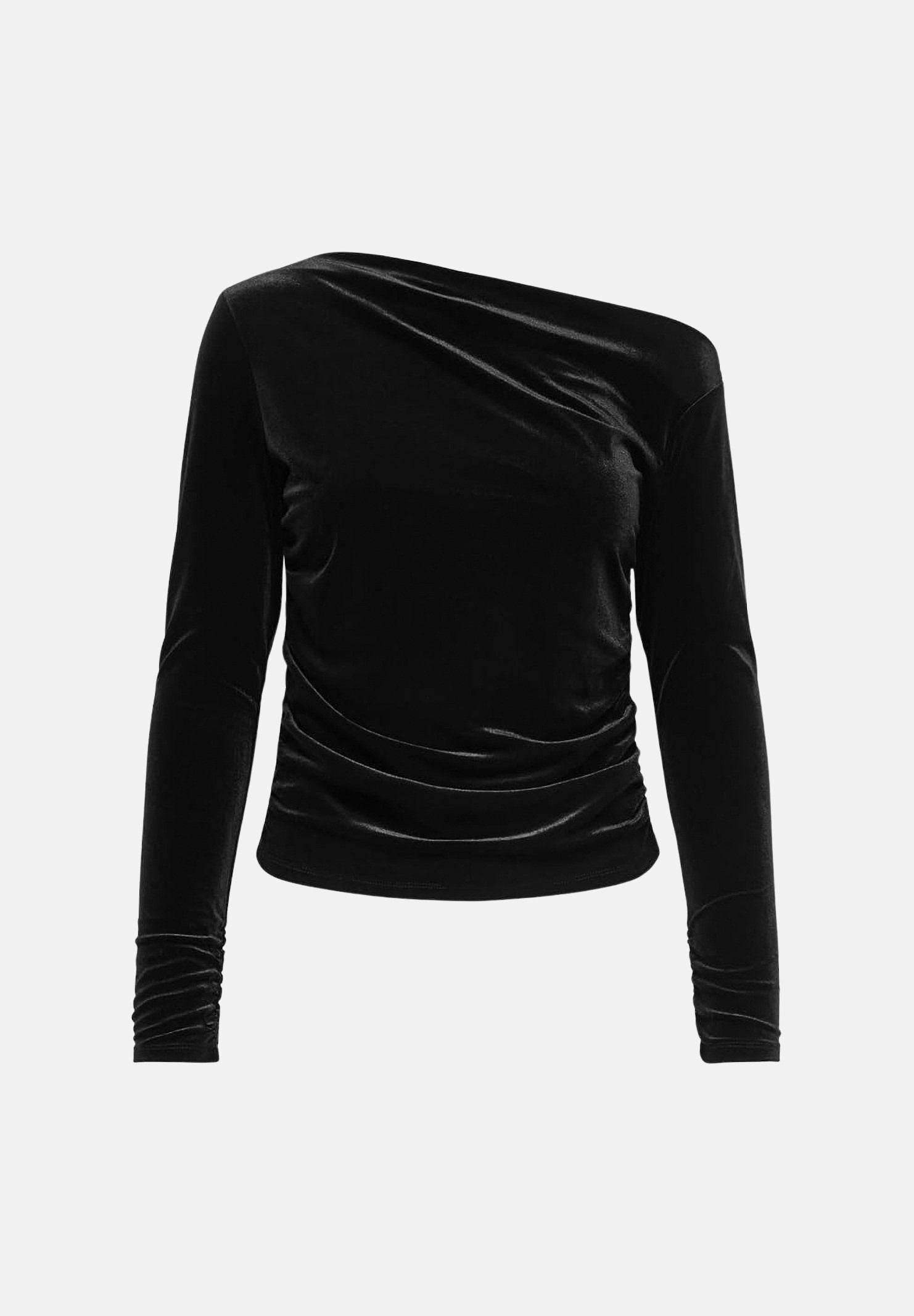 ONLY Top elegante ONLRUE Black nero da donna, in morbido velluto elasticizzato, con scollatura asimmetrica monospalla, maniche lunghe e drappeggio sul busto. 15383727 BL ONLY 