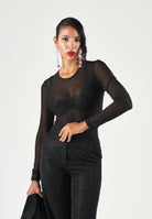 ONLY Top ONLOPUS L/S MESH Black nero da donna in tessuto mesh trasparente ed elasticizzato, con girocollo, maniche lunghe,  design essenziale a tinta unita.<BR/> 15384893 BL ONLY 