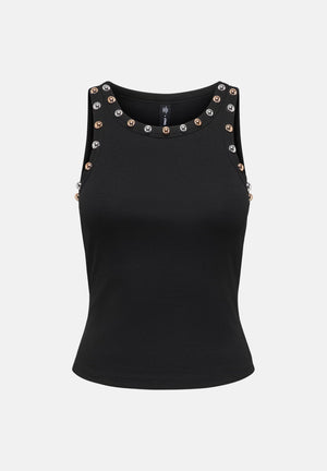 ONLY Top smanicato nero per donna con scollo rotondo e applicazioni metalliche sul colletto. 15385401 BLBA ONLY 