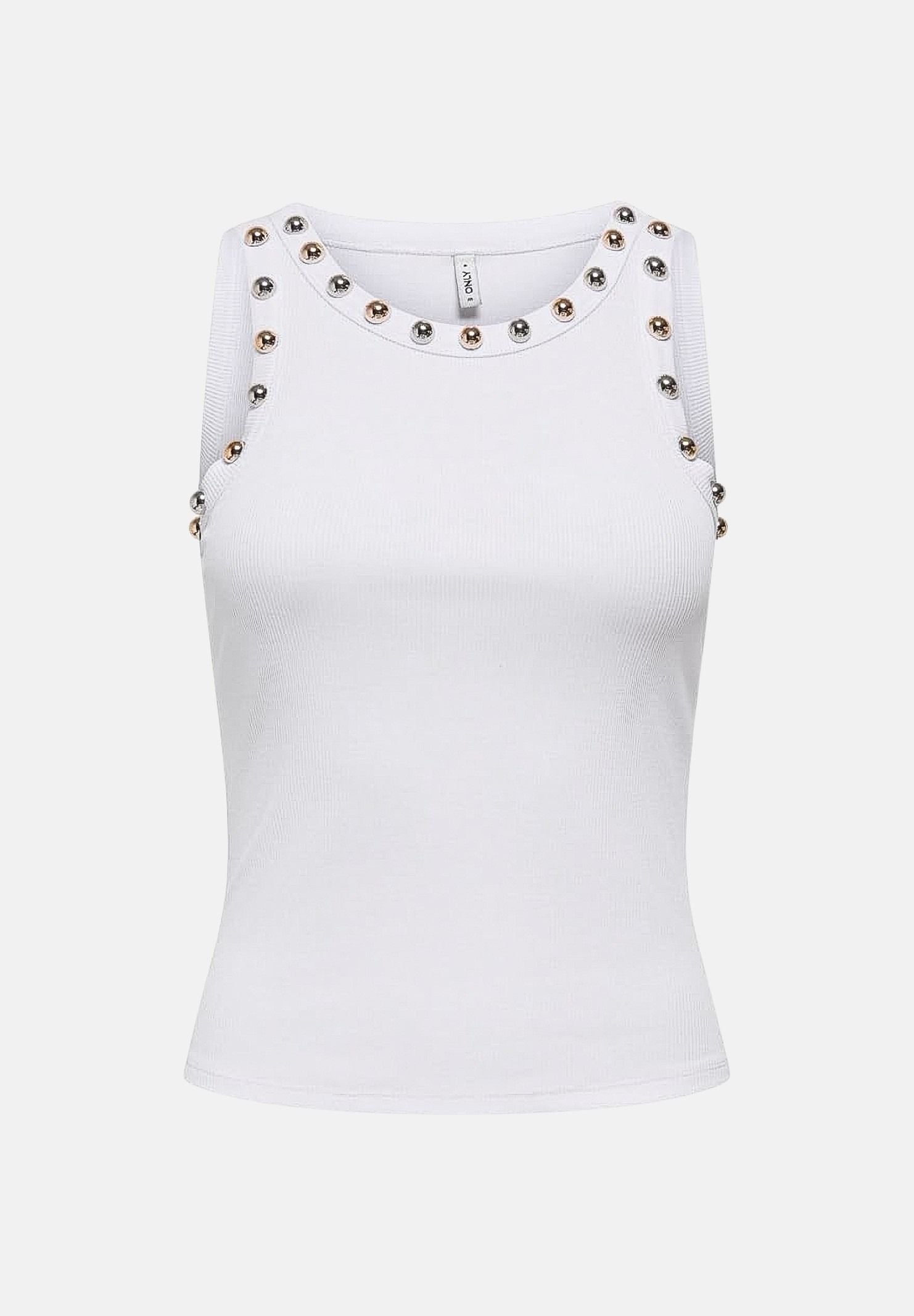 ONLY Top smanicato bianco per donna con scollo rotondo e applicazioni metalliche sul colletto. 15385401 BRWH ONLY 