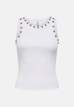 ONLY Top smanicato bianco per donna con scollo rotondo e applicazioni metalliche sul colletto. 15385401 BRWH ONLY 