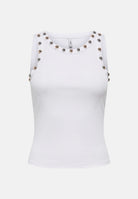 ONLY Top smanicato bianco per donna con scollo rotondo e applicazioni metalliche sul colletto. 15385401 BRWH ONLY 