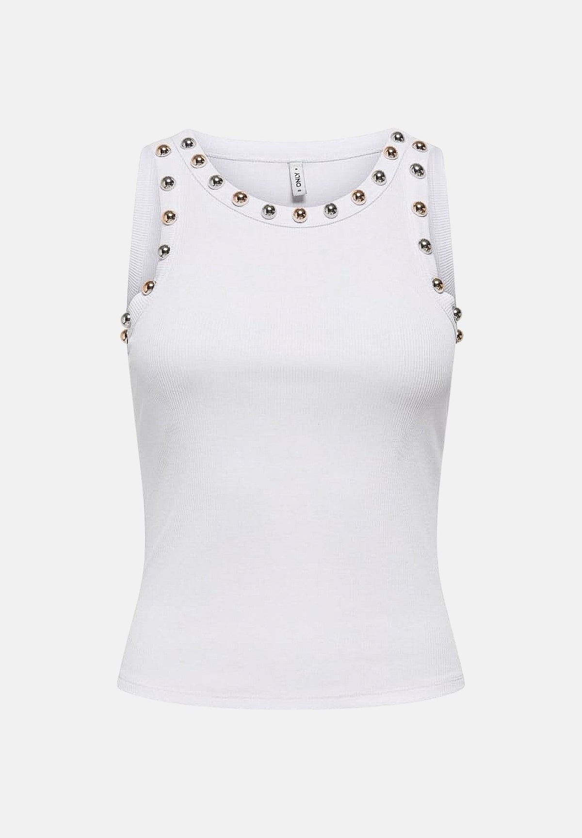 ONLY Top smanicato bianco per donna con scollo rotondo e applicazioni metalliche sul colletto. 15385401 BRWH ONLY 
