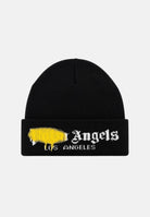 PALM ANGELS Berretto Black Yellow nero e giallo per uomo e donna, in maglia a coste con risvolto e logo effetto spray. CP00CMZ1106 V6 PALM ANGELS 