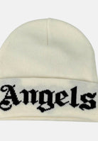 PALM ANGELS Berretto GOTHIC Off White Black bianco e nero per uomo e donna, in maglia con risvolto e scritta a contrasto.<BR/> CP00CMZ1138 V2 PALM ANGELS 