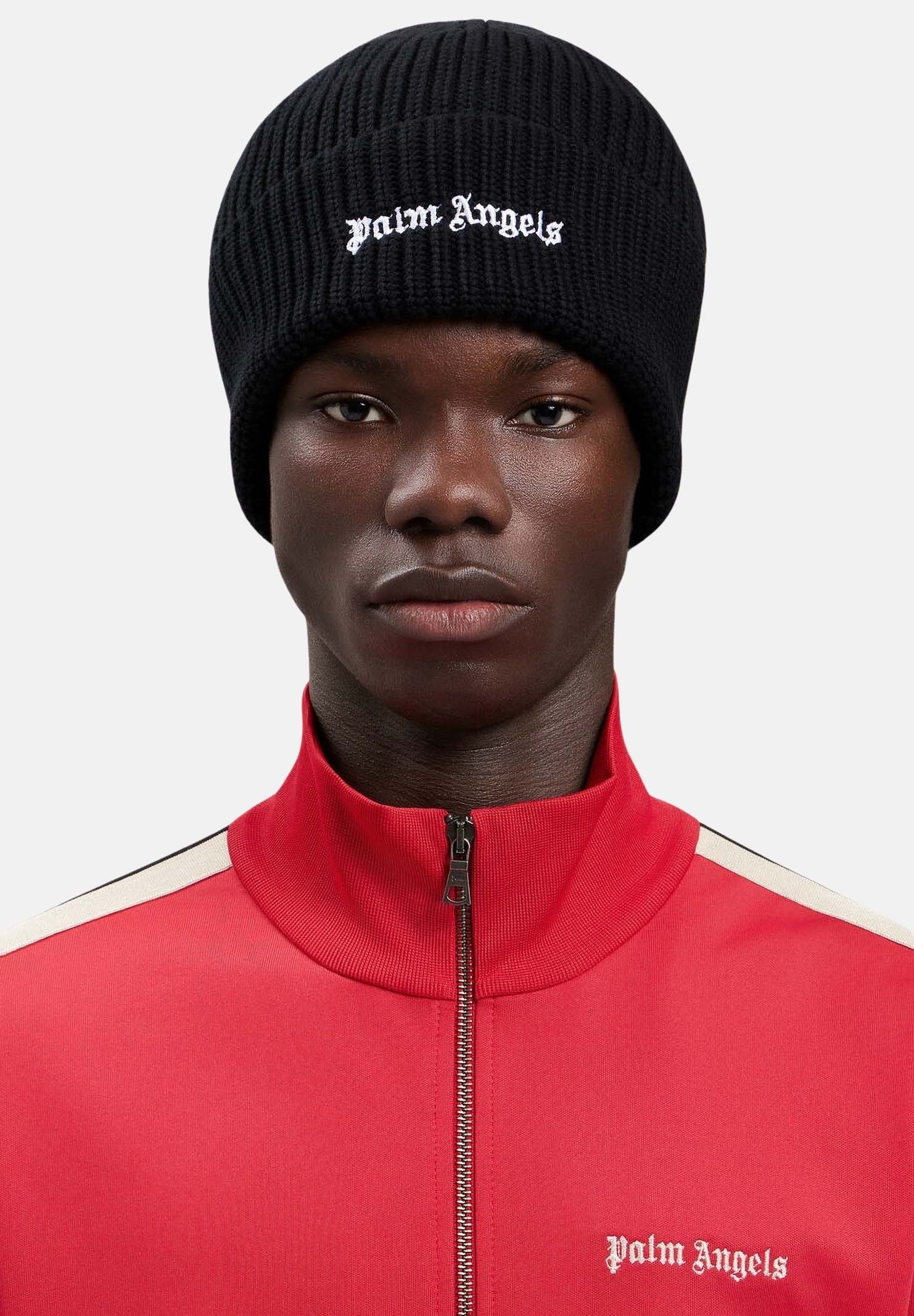 PALM ANGELS Berretto BEANIE Z1150 Black Off White nero e bianco per uomo e donna, in maglia a coste con risvolto e piccolo logo ricamato. CP00CMZ1150 V1 PALM ANGELS 