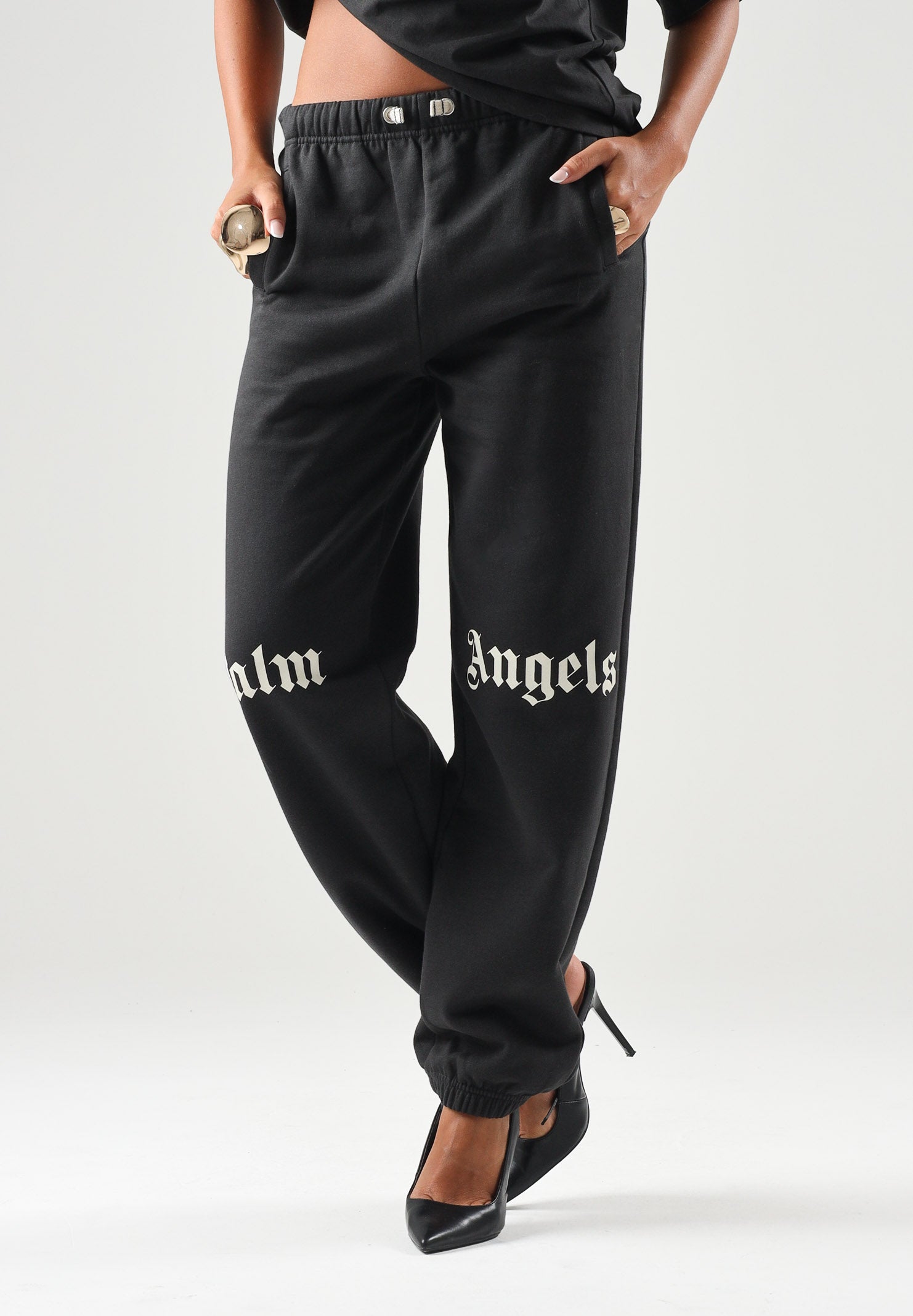 PALM ANGELS Pantalone nero per donna, ragazza e donna con vita elasticizzata regolabile con coulisse a contrasto F6PAJBFP016 110 PALM ANGELS 