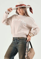 PALM ANGELS Maglia girocollo beige per donna, ragazza e bambina con logo ad intarsio sul davanti. F6PAJBJP146 1531 PALM ANGELS 