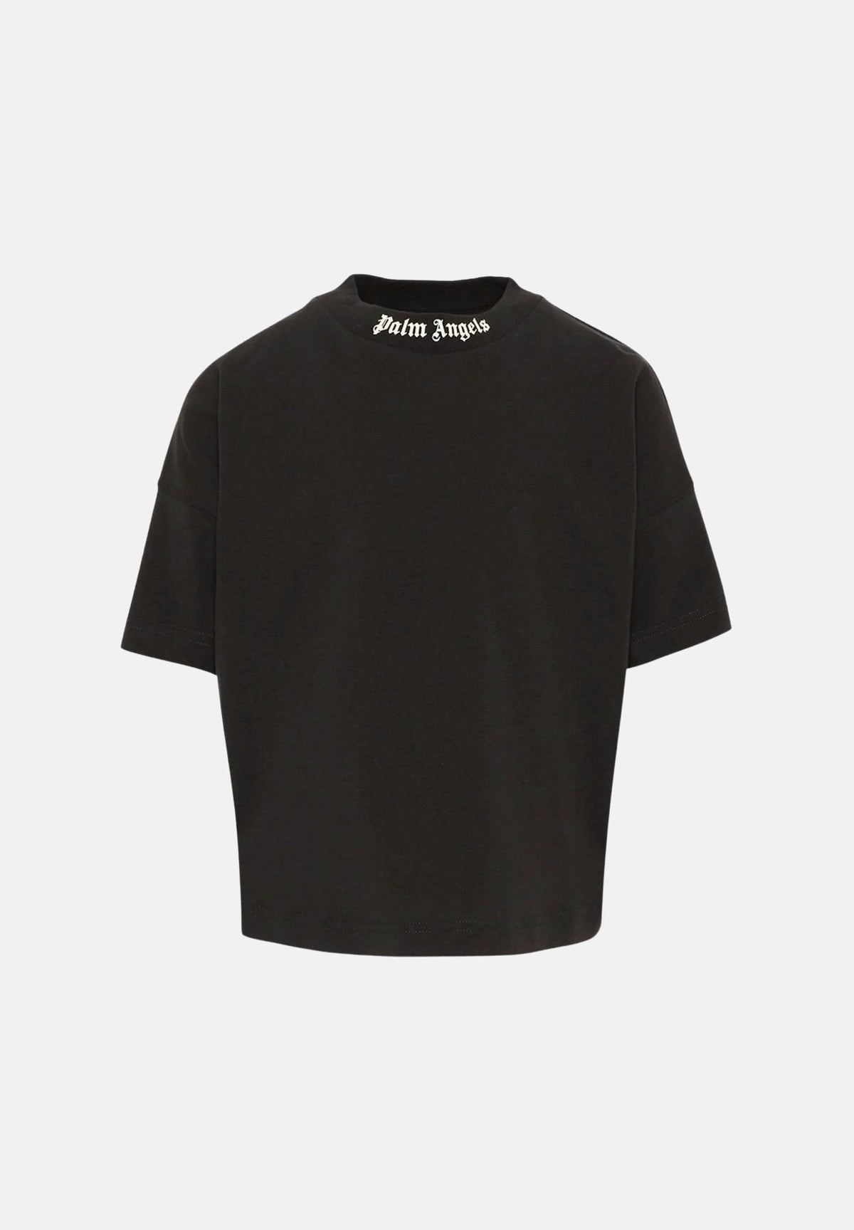PALM ANGELS T-shirt a manica corta nera per donna, ragazza e bambina con logo sul colletto e maxi stampa posteriore. F6PAJBTH012 110 PALM ANGELS 