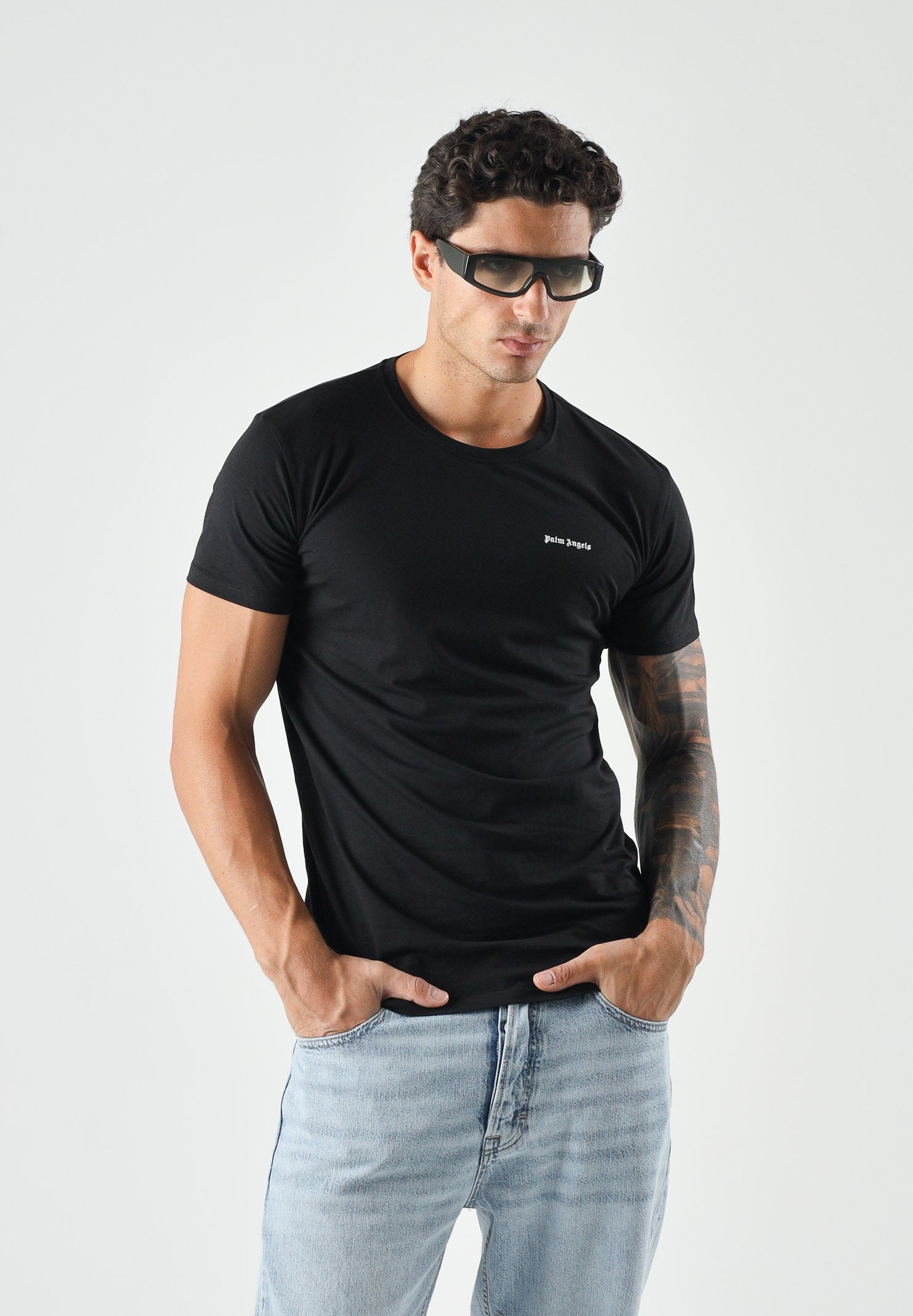 PALM ANGELS  T-shirt manica corta black-nero da uomo, con logo minimal sul petto PLA1UMBTS01BI BL PALM ANGELS 