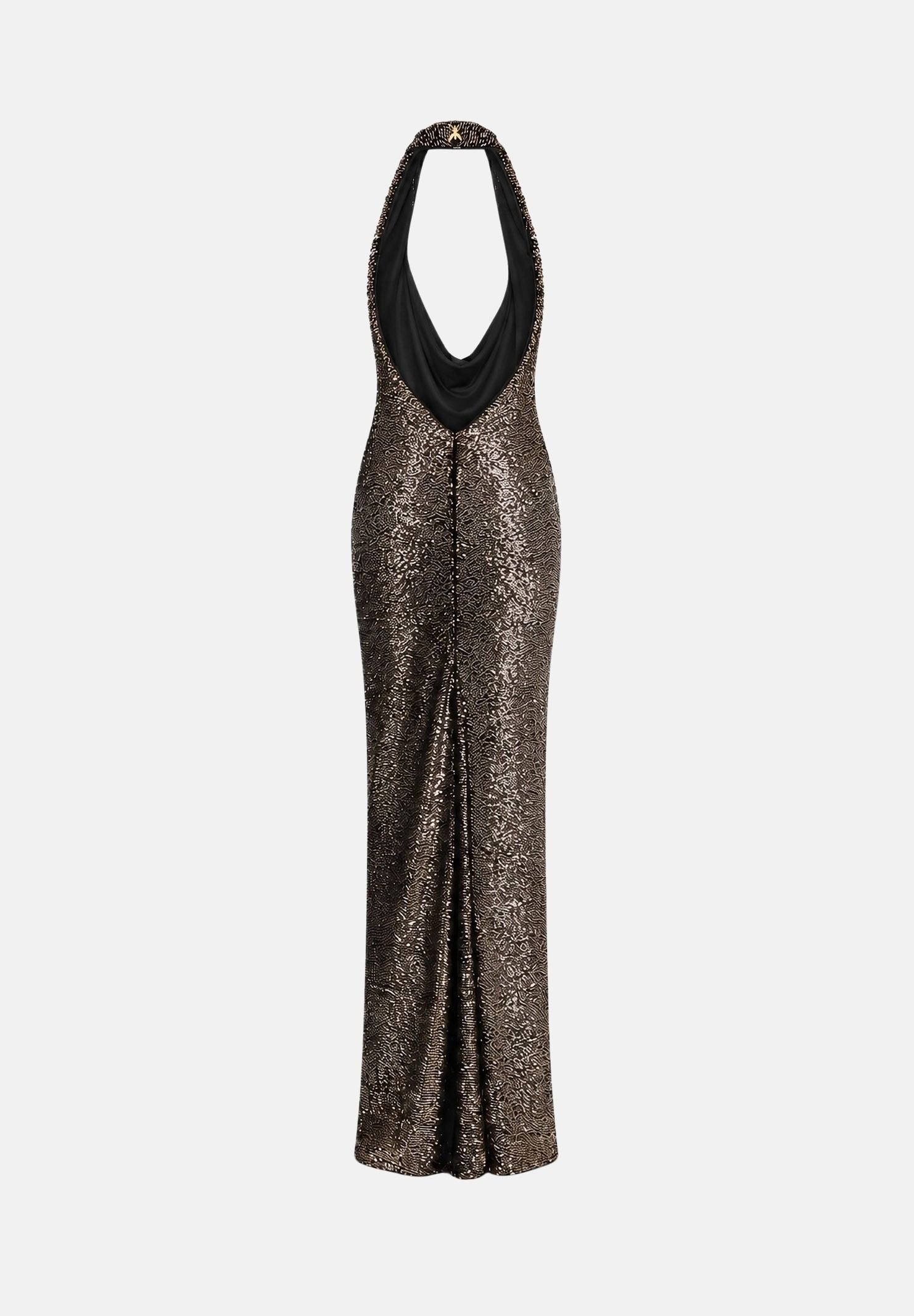 PATRIZIA PEPE Abito lungo nero e bronzo da donna con paillettes all-over e scollo halter drappeggiato. 2A0056J0090 J391 PATRIZIA PEPE 