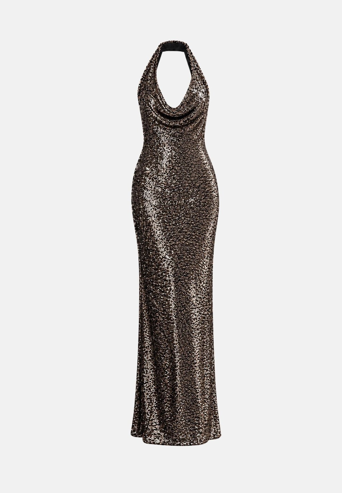 PATRIZIA PEPE Abito lungo nero e bronzo da donna con paillettes all-over e scollo halter drappeggiato. 2A0056J0090 J391 PATRIZIA PEPE 