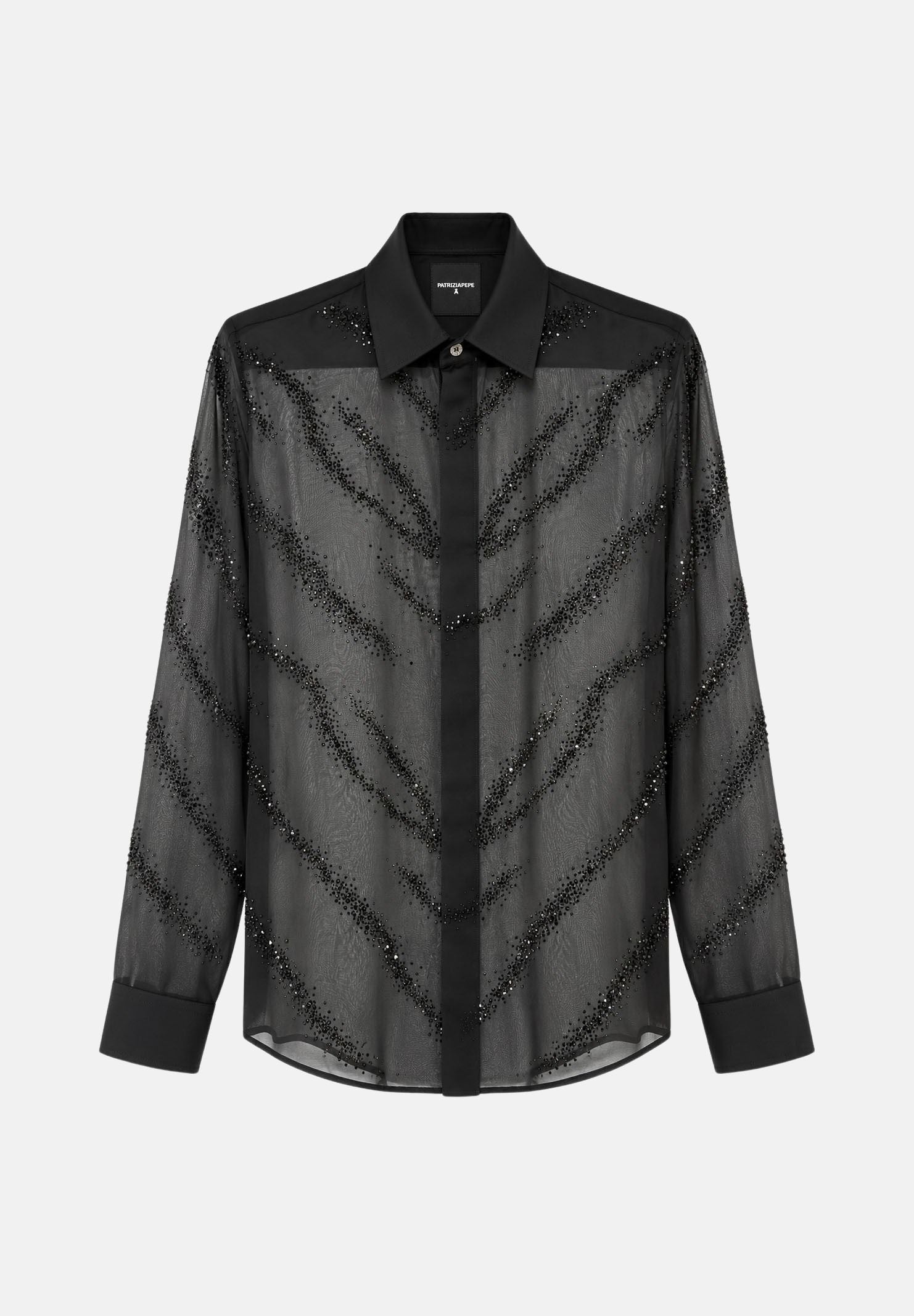 PATRIZIA PEPE Camicia Black Zebra nera da uomo, in tessuto trasparente con strass, righe diagonali, colletto classico e bottoni frontali. 5C0319C0299 K514 PATRIZIA PEPE 