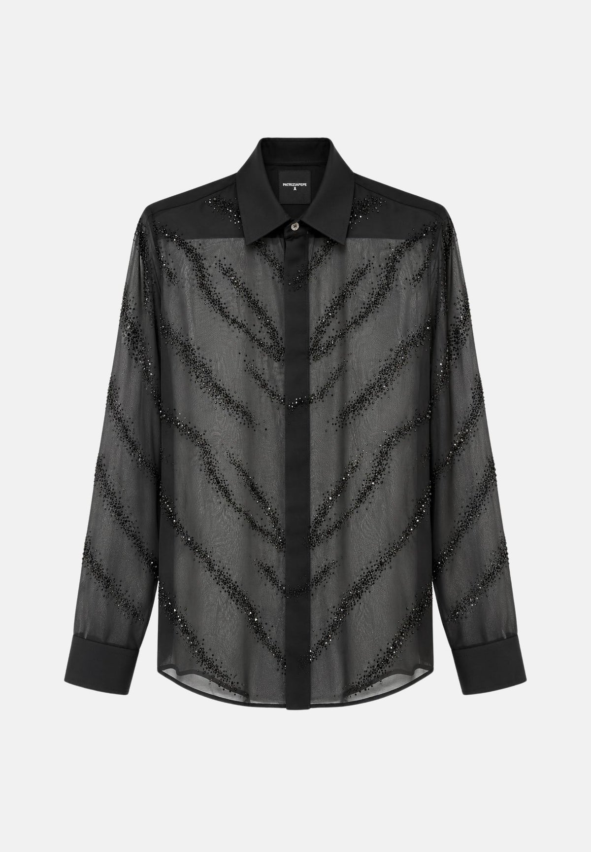 PATRIZIA PEPE Camicia Black Zebra nera da uomo, in tessuto trasparente con strass, righe diagonali, colletto classico e bottoni frontali. 5C0319C0299 K514 PATRIZIA PEPE 