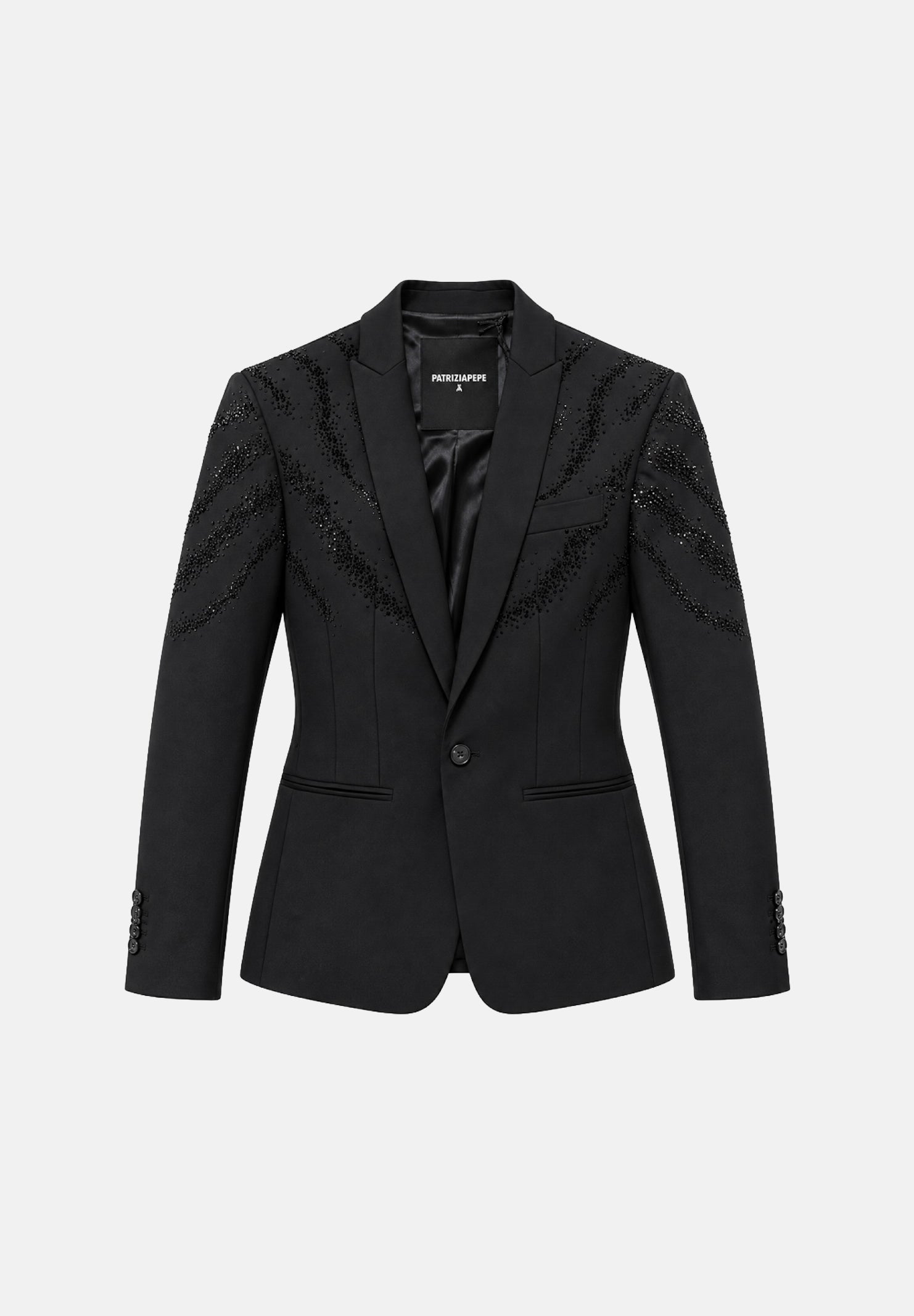 PATRIZIA PEPE Giacca monopetto sartoriale Nero Vinile nera da uomo, in tessuto misto lana, con revers classici, chiusura frontale con bottone, maniche lunghe e particolari dettagli diagonali sulle spalle. 5S661SA1WK K102 PATRIZIA PEPE 