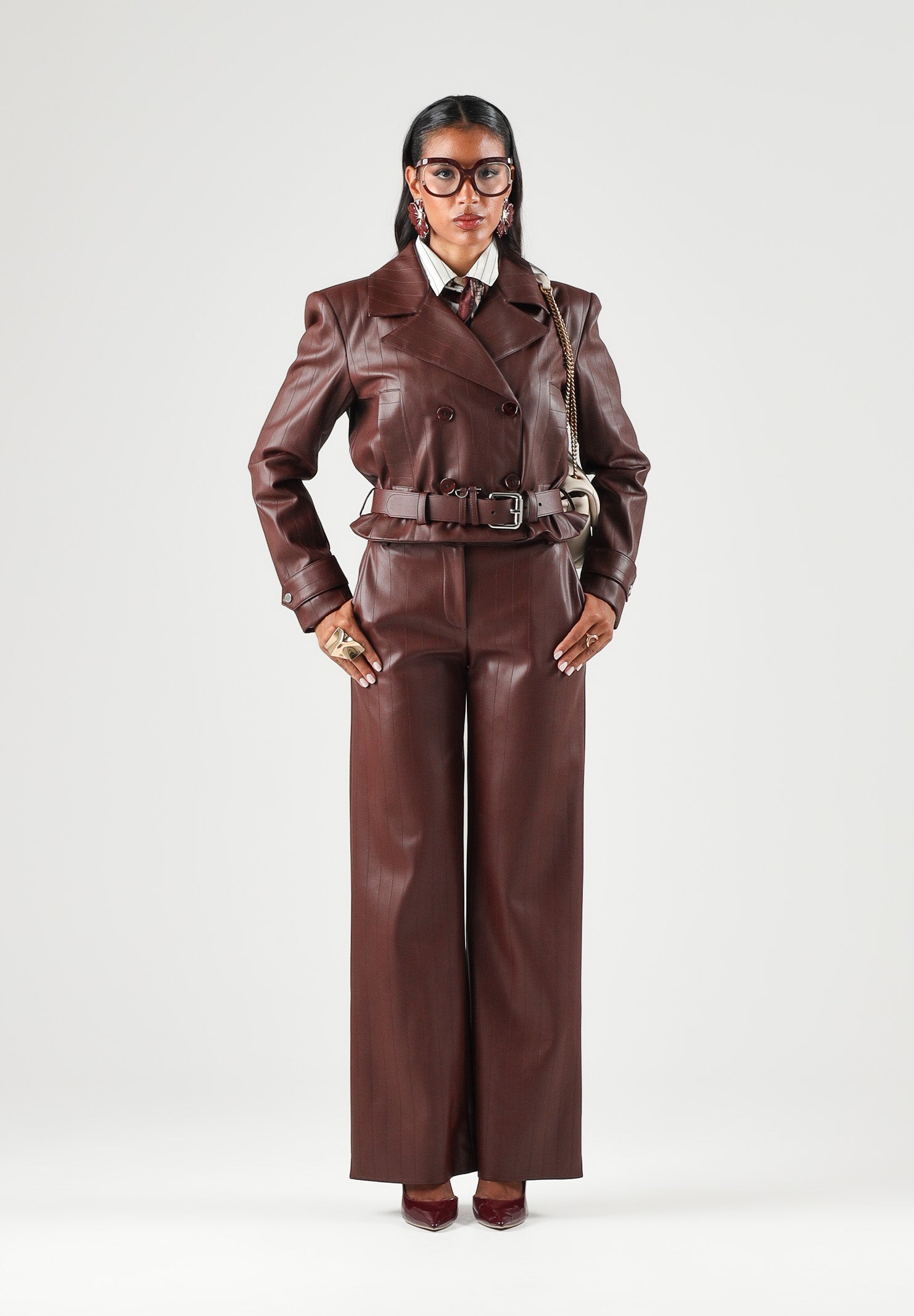 PATRIZIA PEPE Giubbotto in pelle wood brown-marrone da donna con cintura in vita e chiusura asimmetrica 8O0142E0004 B887 PATRIZIA PEPE 
