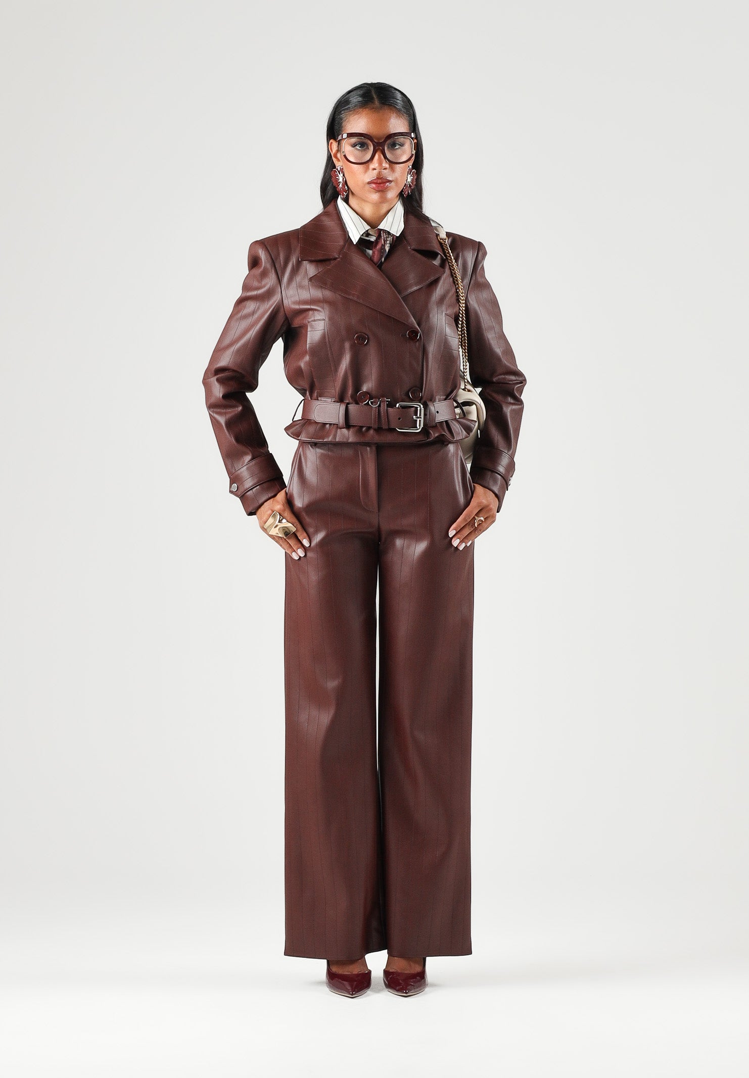 PATRIZIA PEPE Pantaloni eleganti wood brown-marrone da donna con chiusura frontale effetto pelle 8P0181E0004 B887 PATRIZIA PEPE 